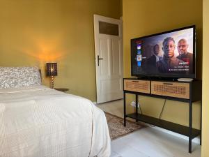a bedroom with a large flat screen tv on a stand at Gemütliches Studio am Stadtrand Haustierfreundlich in Berlin