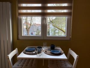 a table with two chairs and a table and a window at Gemütliches Studio am Stadtrand Haustierfreundlich in Berlin