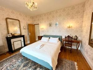 a bedroom with a bed and a fireplace and a mirror at La Source in Availles-Limouzine +35 photos