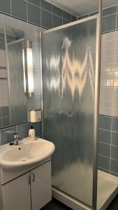a bathroom with a shower and a sink at Hotelli Kantakievari in Ruovesi