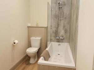 a bathroom with a toilet and a bath tub at Cragg Lodge in Hexham +43 photos
