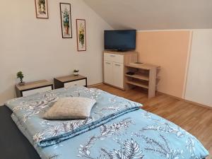 a bedroom with a bed with a pillow and a television at Apartments Košević in Osijek