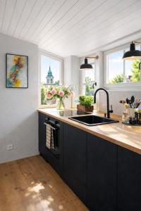 a kitchen with black cabinets and a sink and two windows at Boutique Loft Studio in Kreuzlingen