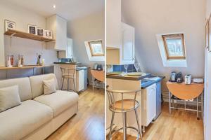 a living room with a couch and a kitchen at Charming Studio Arc de Triomphe Monceau in Paris
