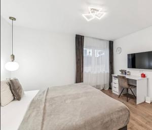a bedroom with a bed and a desk and a television at Prime Host perfect room in Karlsruhe