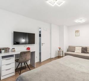 a bedroom with a bed and a desk with a television at Prime Host perfect room in Karlsruhe