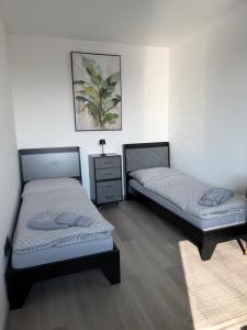 two twin beds in a room with a dresser at Mayor Pension in Komárno