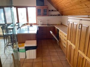 a kitchen with wooden cabinets and a counter top at Vinný sklep Tesařík in Prušánky +4 photos