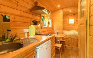 a kitchen in a log cabin with a sink at NATURAMA Brombachsee Schäferwagenhotel in Pleinfeld +15 photos