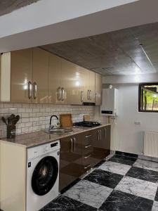 a kitchen with a washing machine and a sink at Guest House MIRA in Martvili