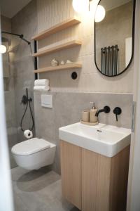 a bathroom with a sink and a toilet and a mirror at Rezidence Jakubská in Brno
