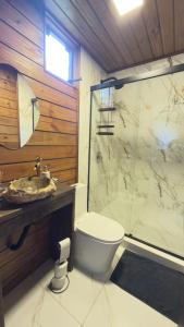 a bathroom with a shower and a toilet and a sink at Chalé Malbec, Estrada do Vinho com cafe da manha e hidro in São Roque +36 photos
