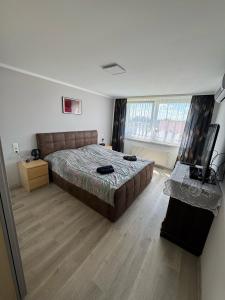 a bedroom with a bed and a television in it at Apartment 4 rooms 'Bauer' in Korfantów