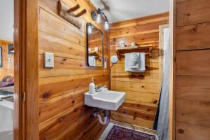 a bathroom with a sink and wooden walls at Timber Ridge Cabin: Rustic Getaway in Rapid City +19 photos