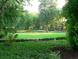 een groen park met bomen en een grasveld bij Stadt-Gut-Hotel Zum Rathaus in Oberhausen