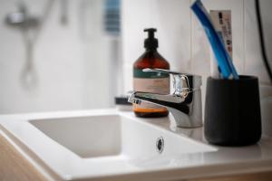 a sink with a toothbrush holder and a bottle of toothpaste at Ferienwohnung TaJoLe in Heinade +16 photos