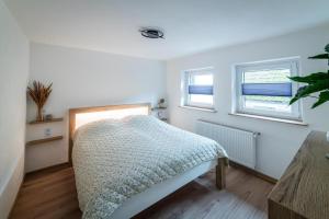 a bedroom with a bed and two windows at Ferienwohnung TaJoLe in Heinade