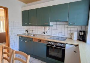 a kitchen with blue cabinets and a sink at Haus 26 Natur Ferienpark - Ruhe, Natur und Komfort für erholsame Tage fern vom Alltag in Nieheim