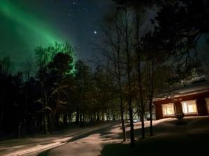 a house with a green aurora in the sky at Rustic Old Lakeside Cottage at Sevettijärvi in Sevettijärvi