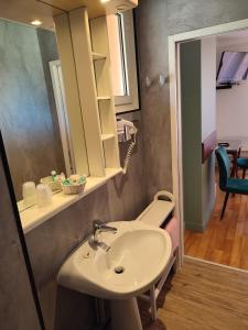 a bathroom with a sink and a mirror at l'Auberge des Gourmets Hôtel Restaurant in Le Vaudioux +32 photos