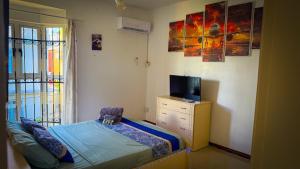 a bedroom with a bed and a tv on a dresser at The Aviators Villa in Flic-en-Flac