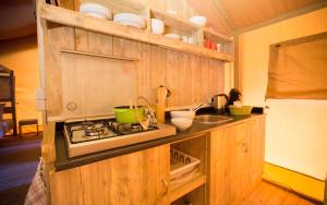 a kitchen with a stove and a sink at NATURAMA Brombachsee Schäferwagenhotel in Pleinfeld
