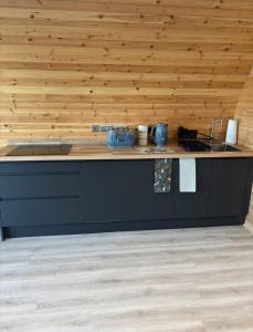 a kitchen with a counter top and a wooden wall at Caerlaverock Glamping - Sycamore in Dumfries