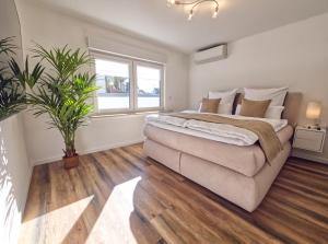 a bedroom with a large bed and a window at Hermes Apartments Siebengebirge in Königswinter