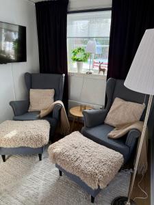 a living room with two blue chairs and a table at Litet hus på landet in Krokom