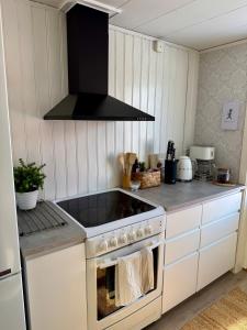 a kitchen with a stove and a stove top oven at Litet hus på landet in Krokom