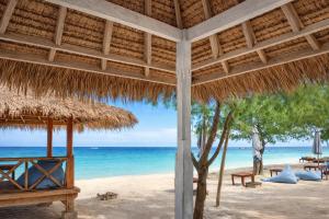 a beach with a straw umbrella and the ocean at Harmony Beachfront Bungalow in Gili Meno +25 photos