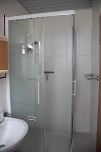 a shower with a glass door next to a sink at Ferienhaus Grasse in Görlitz +14 photos