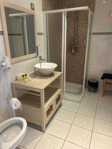 a bathroom with a sink and a toilet and a shower at La villa des palmiers in Soublecause +13 photos