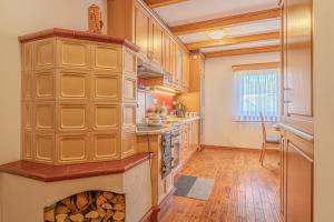 a kitchen with a large woodburning oven in the middle at Vineyard Cottage Stepan in Črnomelj
