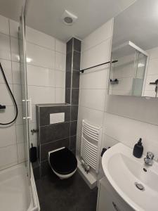 a bathroom with a toilet and a sink at Sonnige Ferienzimmer WHV in Wilhelmshaven