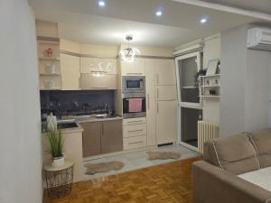 a living room with a kitchen and a couch at Apartman Iris in Tuzla