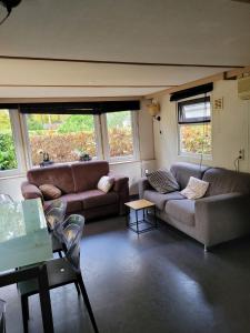 a living room with two couches and a table at Gezellig chalet voor gezinnen op de Veluwe I Veldkamp F16 in Epe