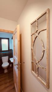 a bathroom with a mirror and a toilet at Fabians Ferienhaus Rursee Rusti in Simmerath +26 photos