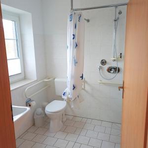 a bathroom with a toilet and a tub and a shower at Pension Seeluft in Ahrenshoop +1 photo