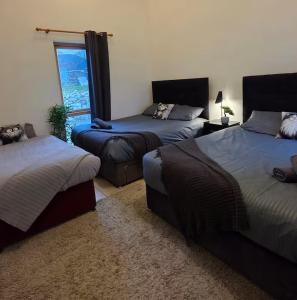 a bedroom with two beds and a window at Ballycrystal House Getaway in Bunclody +23 photos