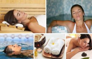 a collage of pictures of a woman laying in a bath tub at Euronat naturist studio in Grayan-et-lʼHôpital
