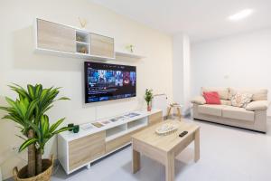 a living room with a couch and a tv on a wall at Terraza, 20min playas, 5min Pontevedra, Garaje in Pontevedra