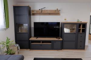 a black entertainment center with a flat screen tv at Apartman Kelečić in Gornji Stupnik