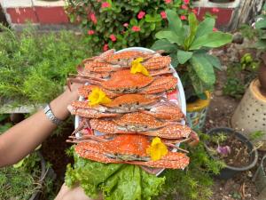 a person holding a pile of crabs on a plate at บากันใหญ่โฮมสเตย์ in Ban Ba Kan Yai