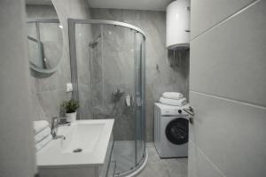 a bathroom with a shower and a sink and a toilet at Apartman River in Bijeljina