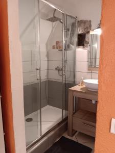 a bathroom with a shower and a sink at Maison ardéchoise atypique in Chomérac +10 photos