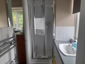 a bathroom with a shower next to a sink at Thurlestone House in St Ives