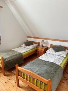 a bedroom with two beds and a wooden floor at Domek Jaśka in Baligród