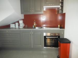 een keuken met witte kasten en een fornuis met oven bij Appartement Le Romarin in Mallemort