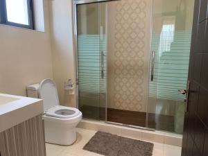a bathroom with a toilet and a glass shower at Park Street Apartment in Trofwi